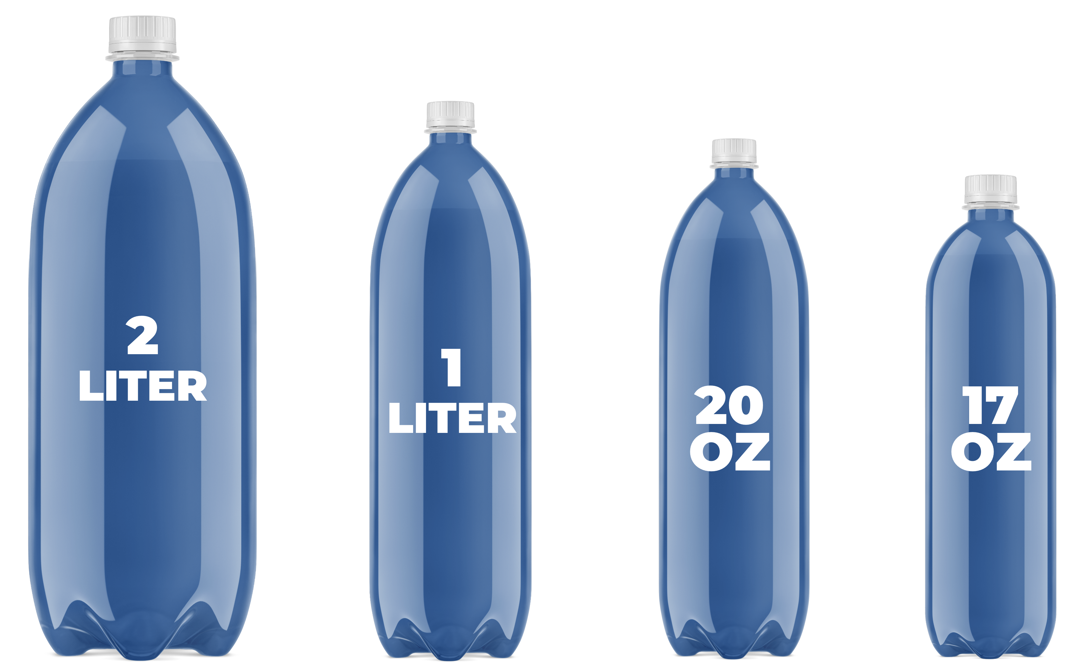 Four blue bottles in a row of sizes 2L, 1L, 20 oz, and 17 oz