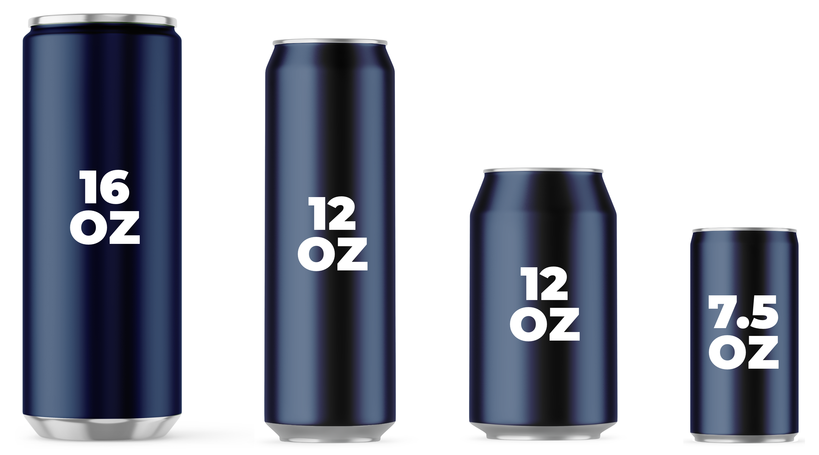 Four blue cans in a row of sizes 16 oz, 12 oz, 12 oz (short), and 7.5 oz