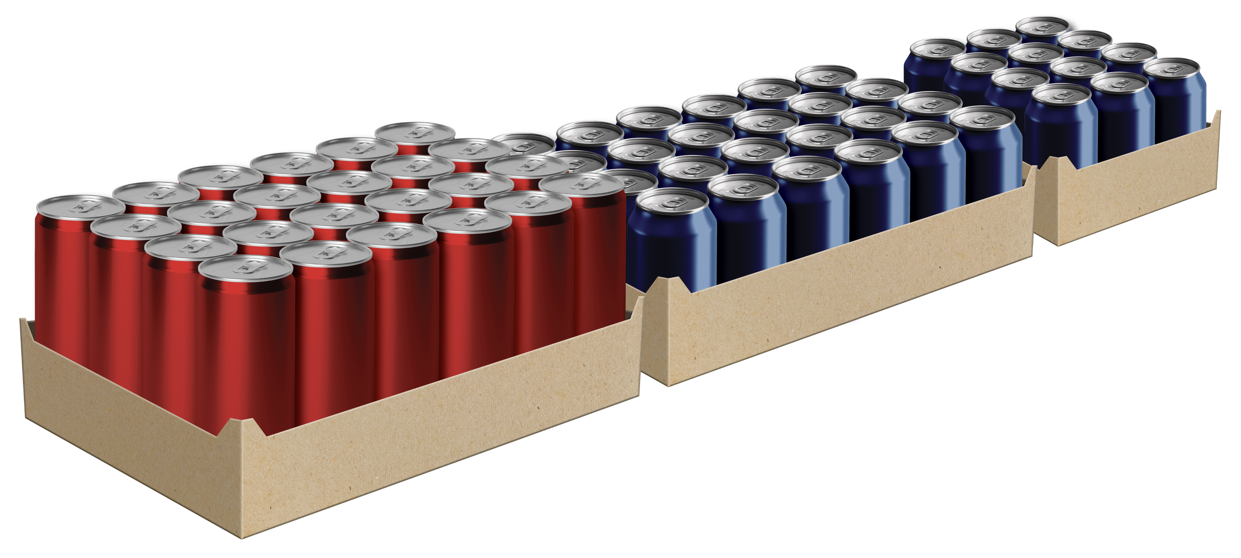 Red and blue cans packaged in boxes